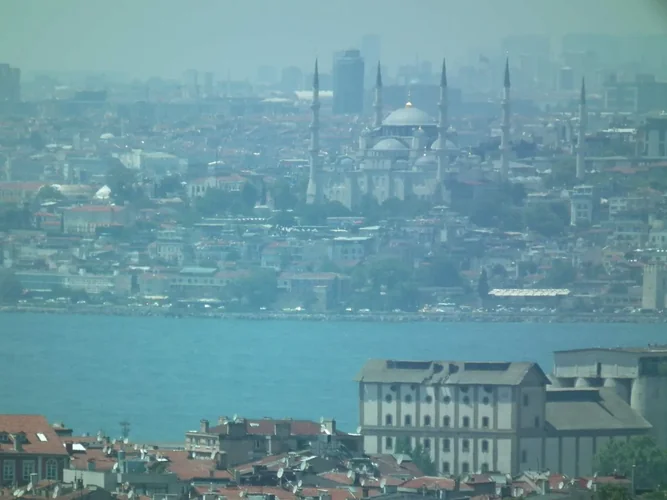 Suyun karşısından görülen Sultanahmet Camii ve İstanbul silueti.